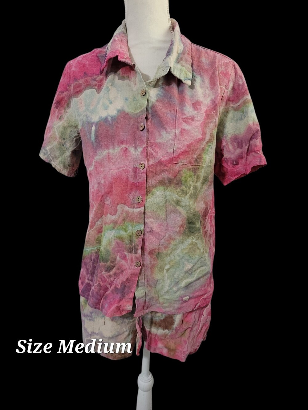 Unique Co Ord Set Shorts Button Front Tie Dye Geode Cotton Colorful Wearable Art